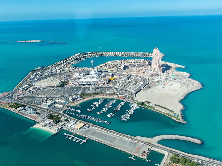 Panoramic aerial view of the Abu Dhabi Marina yacht complex, host of the Abu Dhabi Grand Prix 2024.