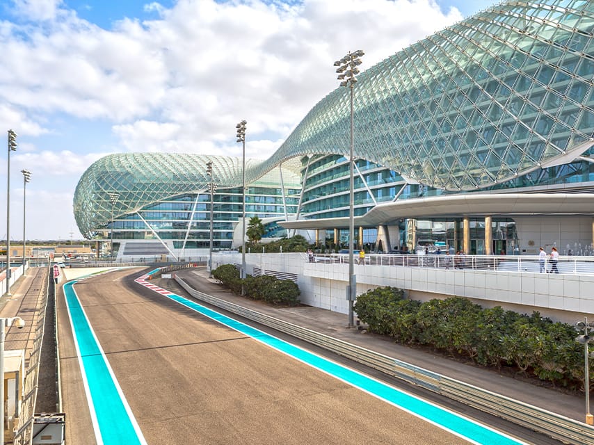 Enjoy the view of the Yas Marina Circuit from your private yacht charter in Abu Dhabi during the Abu Dhabi Grand Prix 2024.