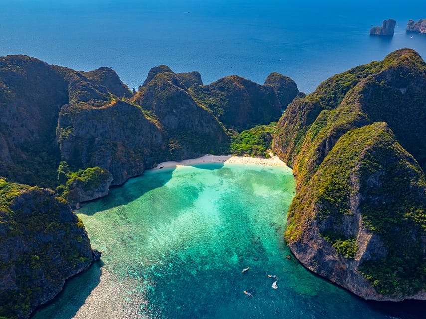 Aerial view of the amazing Koh Phi Phi Islands, a top spot for diving, kayaking, and exploring during a superyacht holiday.