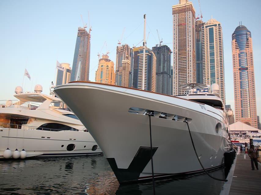 Luxury yacht docked, ready for the Dubai Boat Show dates, offering a glimpse of ultimate opulence and design.