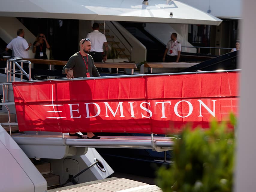 The Edmiston passerelle banner welcomes high-end guests boarding yachts at the Cannes, France boat show.