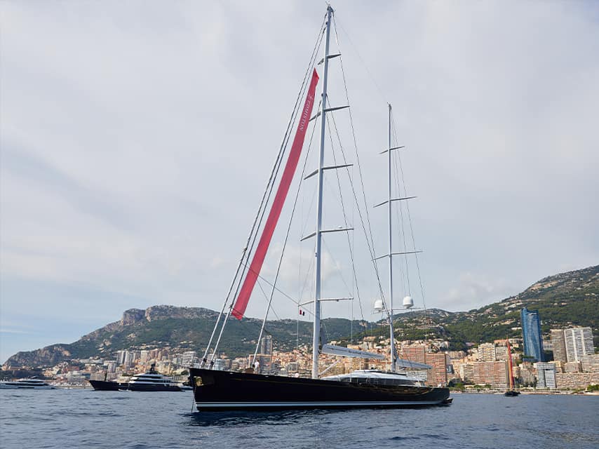 Fidelis sailing yacht stands out among the finest yachts in Monaco harbour at the 2025 superyacht show.