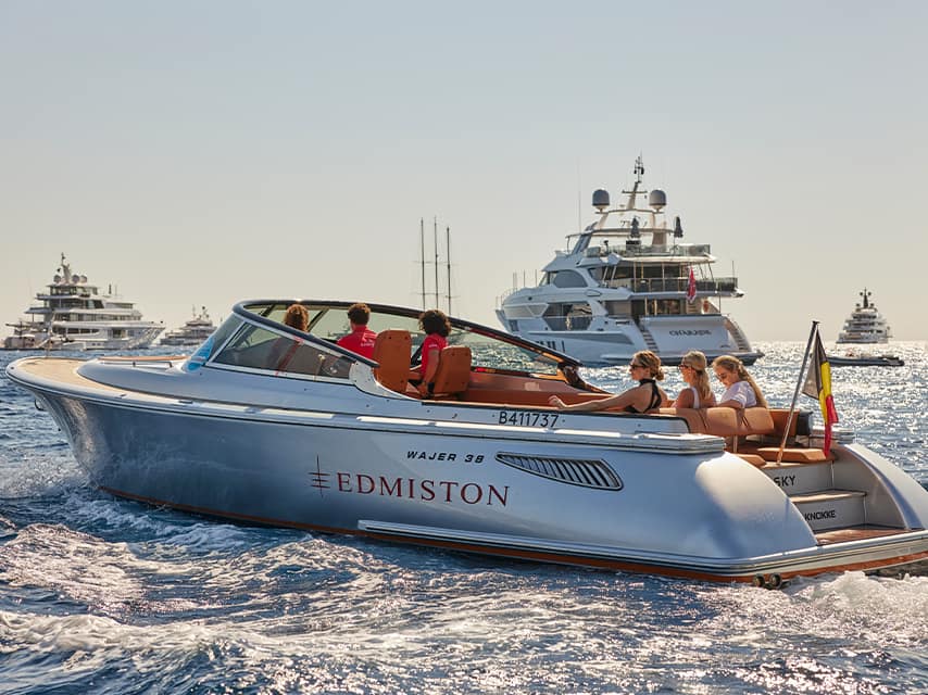 An Edmiston Wajer tender takes VIP guests to view superyachts for sale, Monaco brokers will be present in Port Hercule.