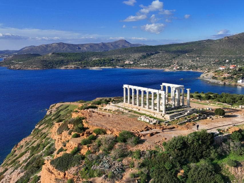 The Temple of Poseidon from above, often visited during island hopping from Athens to Santorini on a luxury yacht charter, Greek islands.