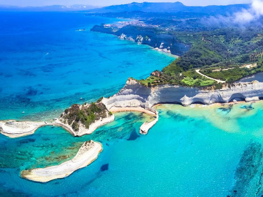 Stunning aerial panorama of the Ionian Islands from a luxury yacht charter, Greek islands itinerary.