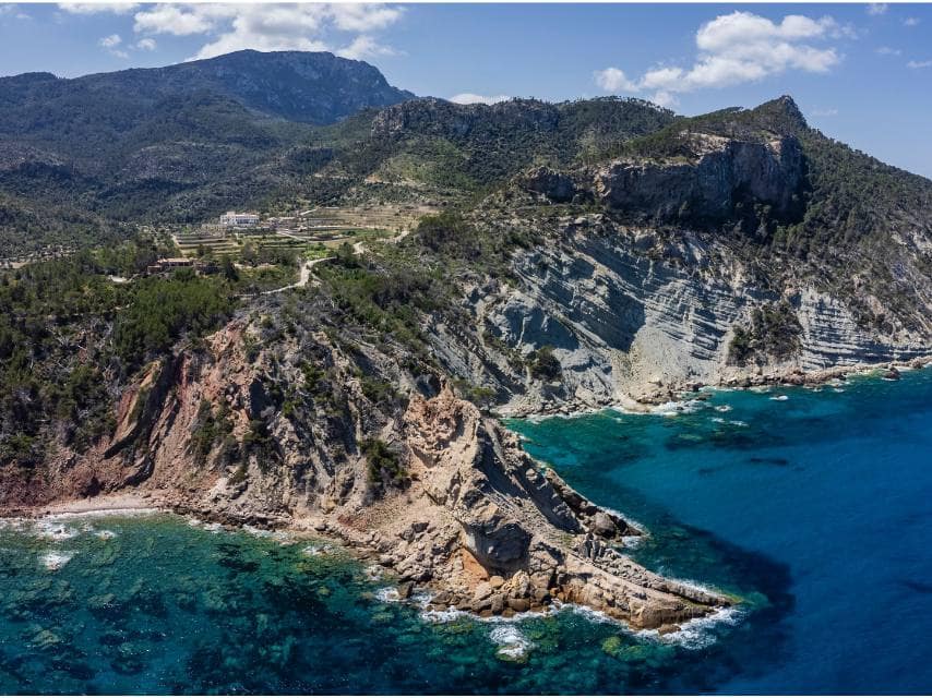 Helicopter view of Serra de Tramuntana, a stunning highlight of any luxury yacht charter in the Balearics