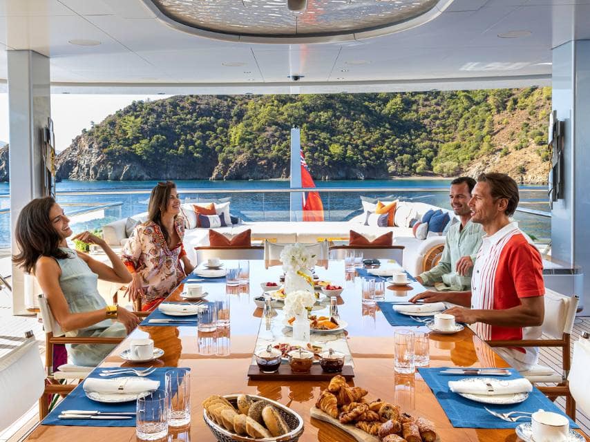A delicious deck brunch marks the morning after a romantic and unforgettable yacht marriage.