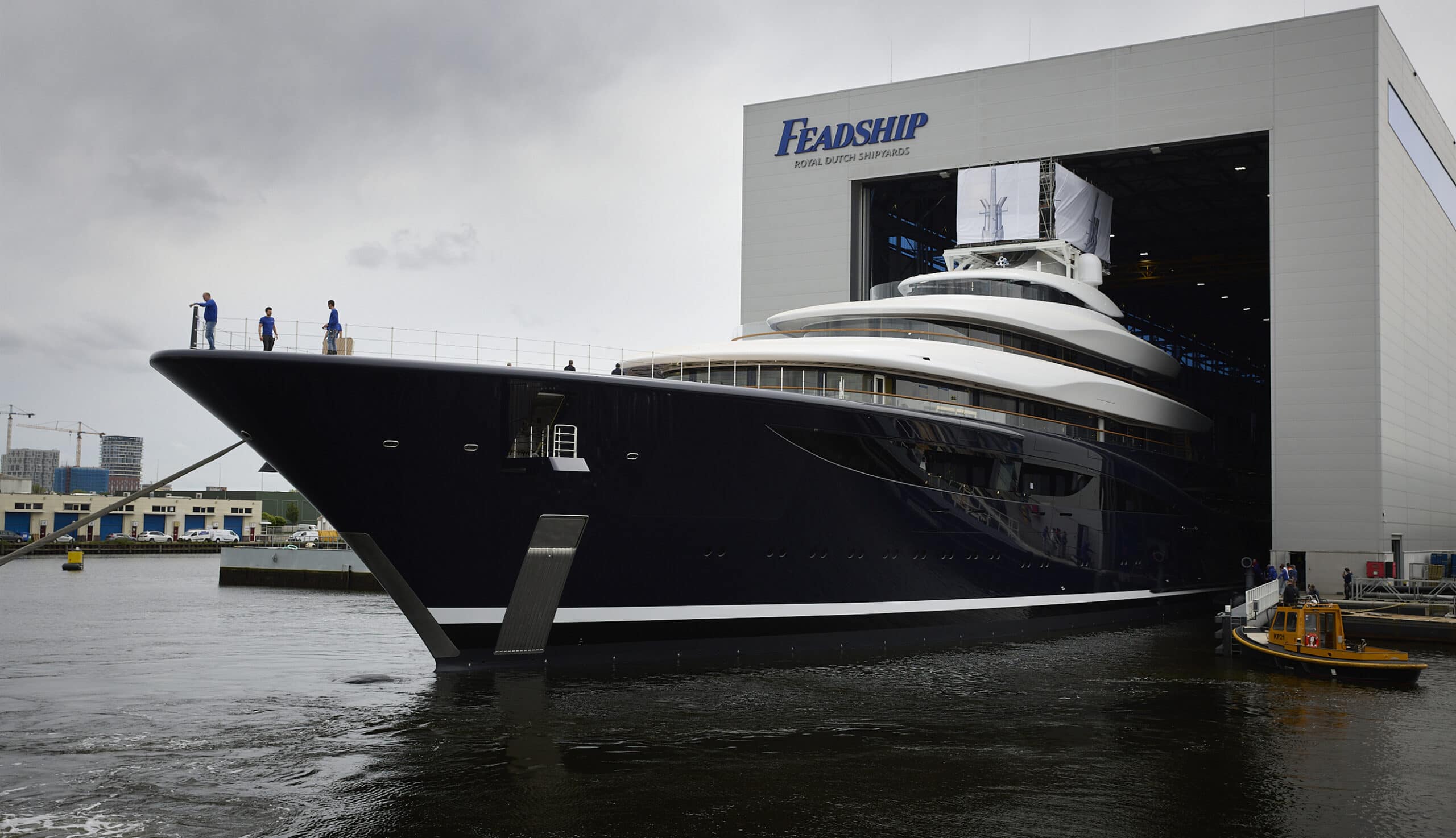 Breakthrough yacht leaving the Feadship Shipyard once completed