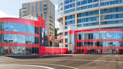 Sleek architecture at London Heliport featuring Edmiston colors creating a luxurious, exclusive ambiance.