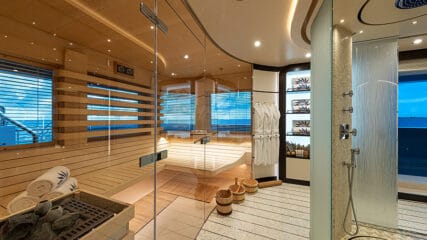 Viewing of a luxurious yacht sauna with sweeping ocean views, arranged by Edmiston's mega yacht brokers.