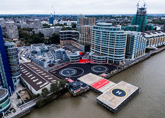 Aerial view of the London Heliport at Battersea, highlighting Edmiston’s exclusive facilities that ensure a private yachting experience.