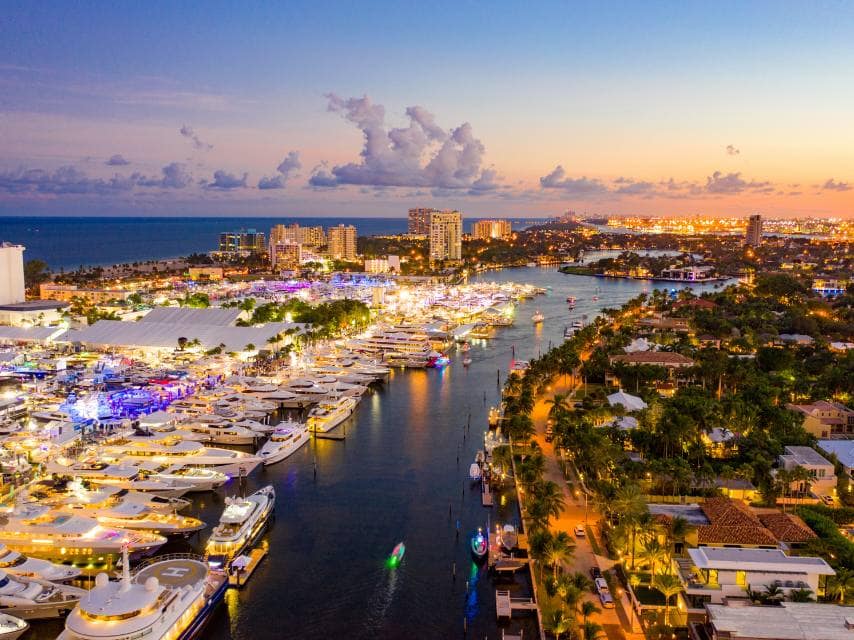 A drone captures Fort Lauderdale superyachts at golden hour leading up to FLIBS 2025.