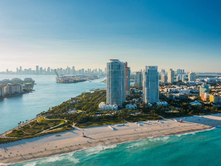 Aerial view of the Florida coastline to explore from a charter yacht in Miami for Art Basel 2025.