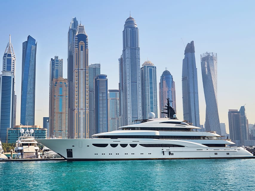 A superyacht arrives at the International Boat Show, Dubai Marina, one of the most magnificent charter yachts Dubai has seen.