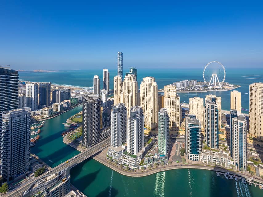 From your private yacht charter, Dubai Marina can arrange for a helicopter tour for this aerial view of the city of Dubai.