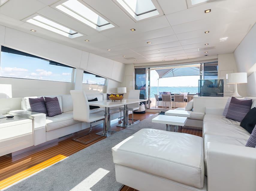 The exquisite interior of Venture, one of our luxury yachts for sale; Miami Boat Show 2025 will highlight its unique features.