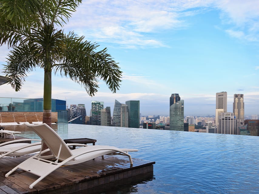 While attending the boat show, Singapore has many luxury amenities to enjoy, such as this rooftop infinity pool overlookiing the city.