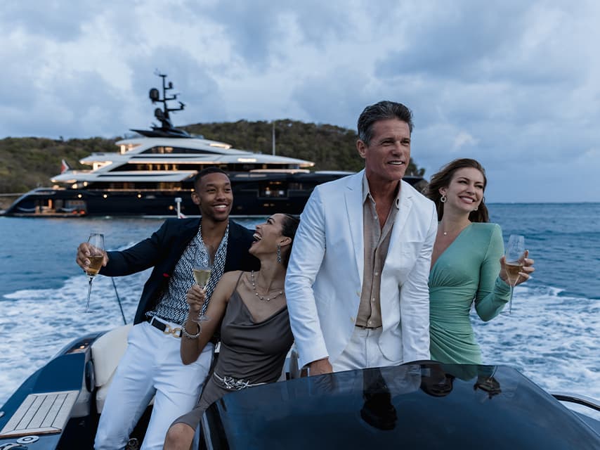 Starting the party at sea, friends head to shore via tender for more celebrations set up by Edmiston yacht brokers in Monaco.