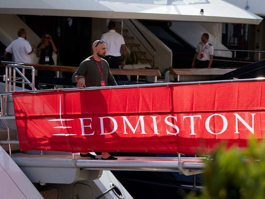 Edmiston banner on yacht passerelle at MEDYS, where our team supports clients during the Nafplion Yacht Show.