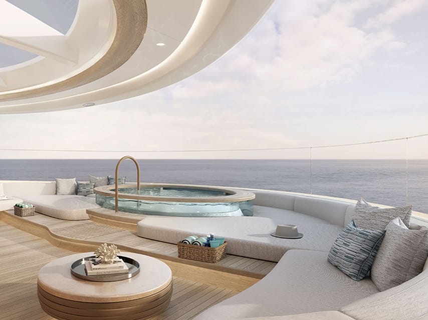 Project 821 blends sustainability and style with a private Jacuzzi on the deck of this environmentally friendly yacht.