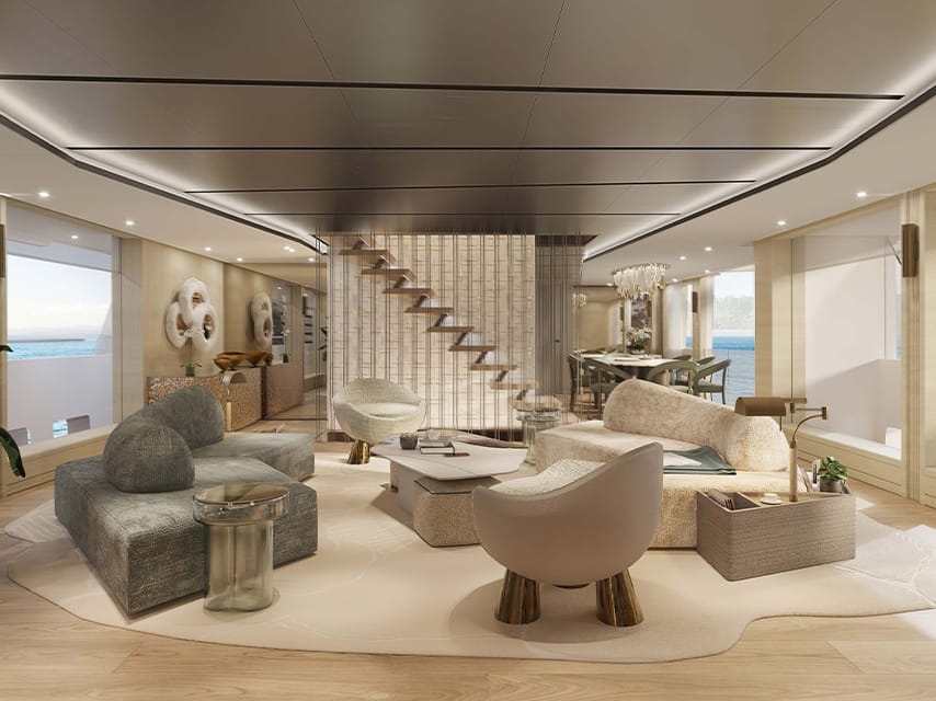 PROJECT SECRET is a hybrid superyacht featuring modern interiors by renowned Italian design studio FM Architettura.
