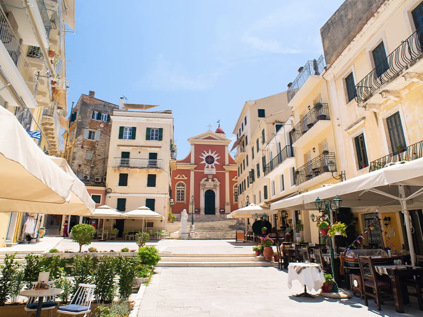The majestic Church of Saint Spyridon in Corfu Old Town, a key historical site on a yacht charter, Corfu, Greece.