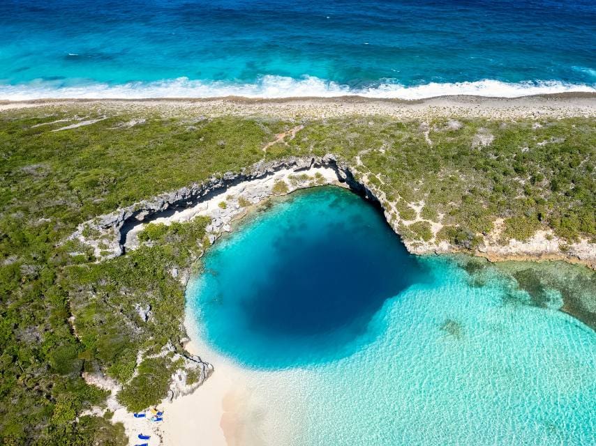 Aerial view of the Andros Blue Holes national park in the Bahamas, one of the best dive sites in the caribbean.