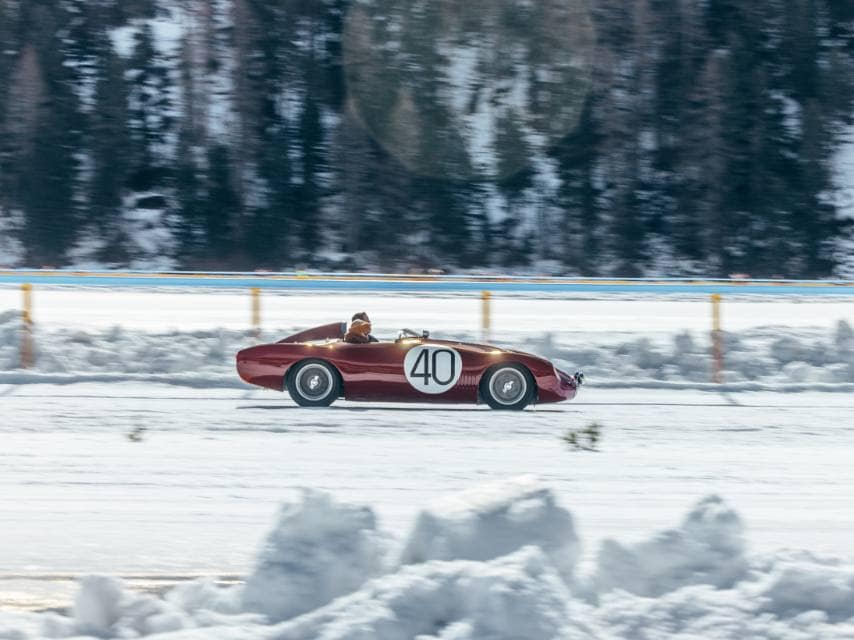 Car number 40 glides across the frozen lake during the I.C.E. St. Moritz, a highlight of January top global events 2026.