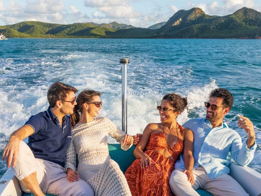 WPB Boat Show guests and friends escape to explore hidden Caribbean beaches by luxury yacht tender.