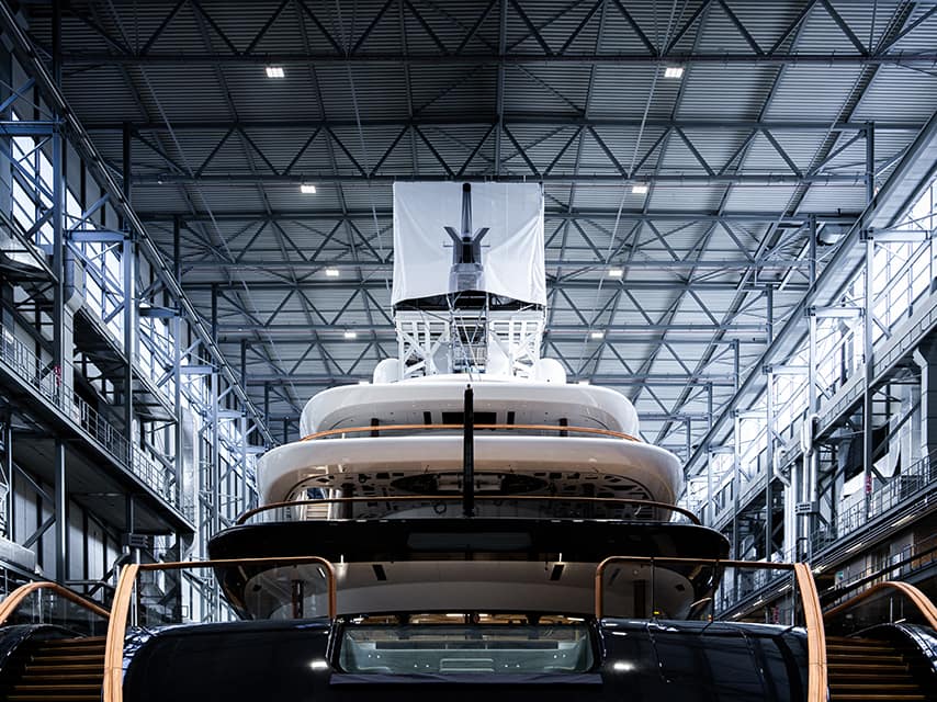 Project 821 for sale in a shipyard, highlighting its cutting-edge innovations and luxury yacht design.