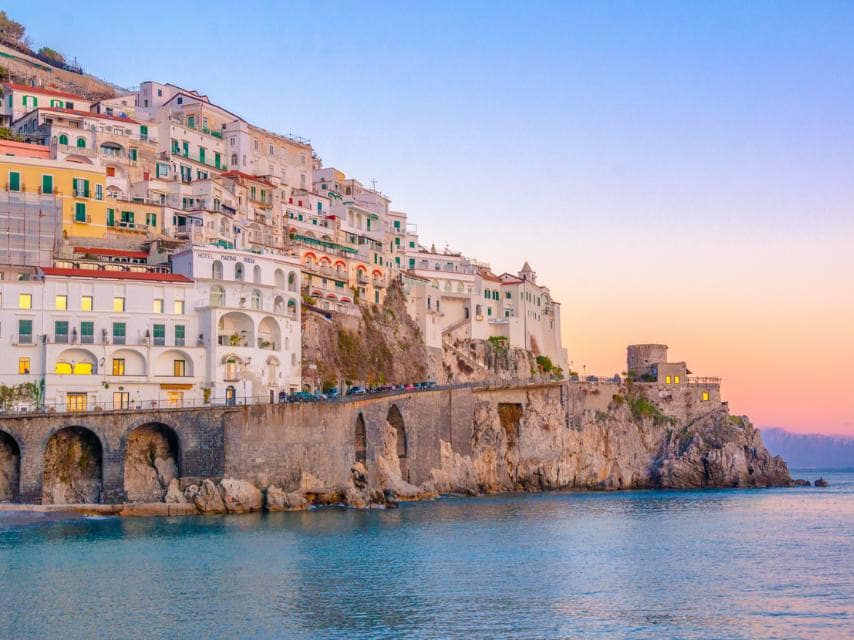 Amalfi Coast colourful town at sunset