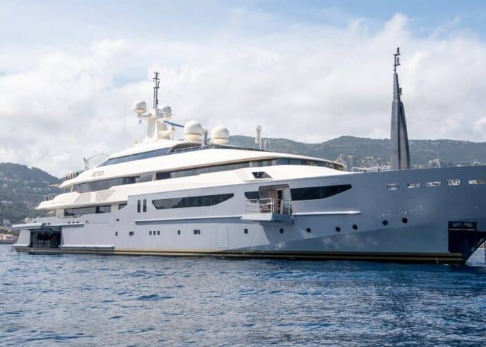 Classic motor yacht "Azteca" showcased at the Monaco Yacht Show.