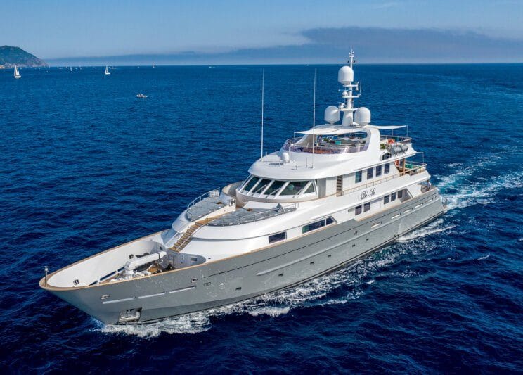 Luxury motor yacht "Dede" on display at the Monaco Yacht Show.