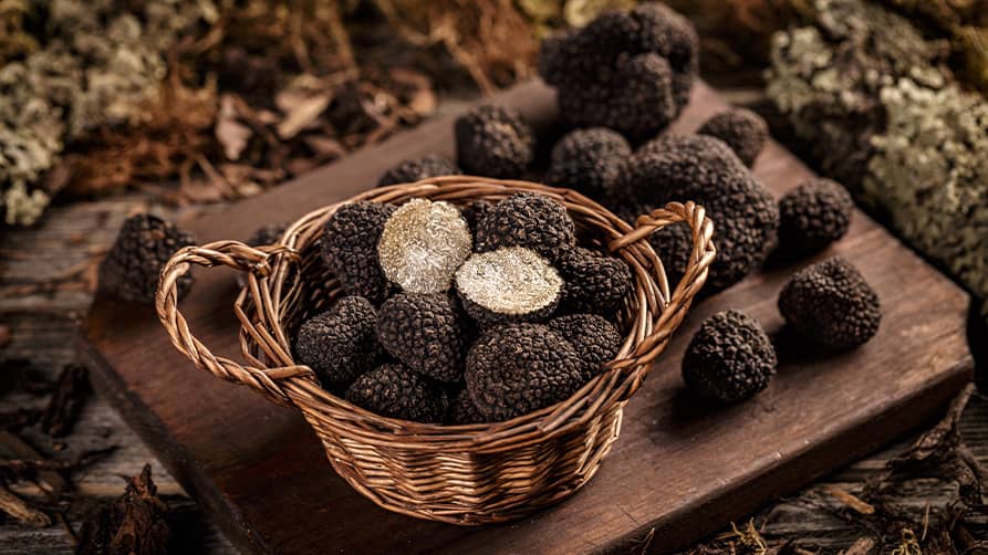 A beautiful basket of freshly hunted truffles sits on a table at Las Pastras, an exciting excursion into French Riviera cuisine.