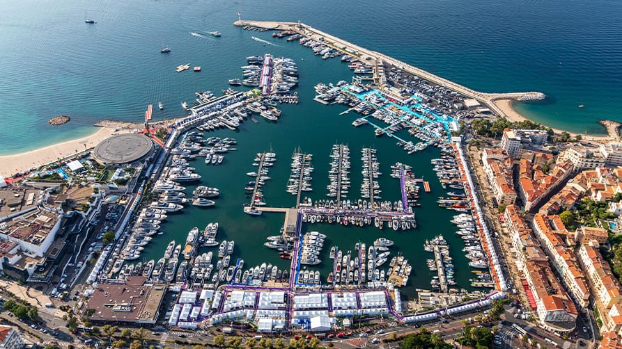 An aerial view of yachts anchored and ready for the Cannes Yachting Festival 2024.